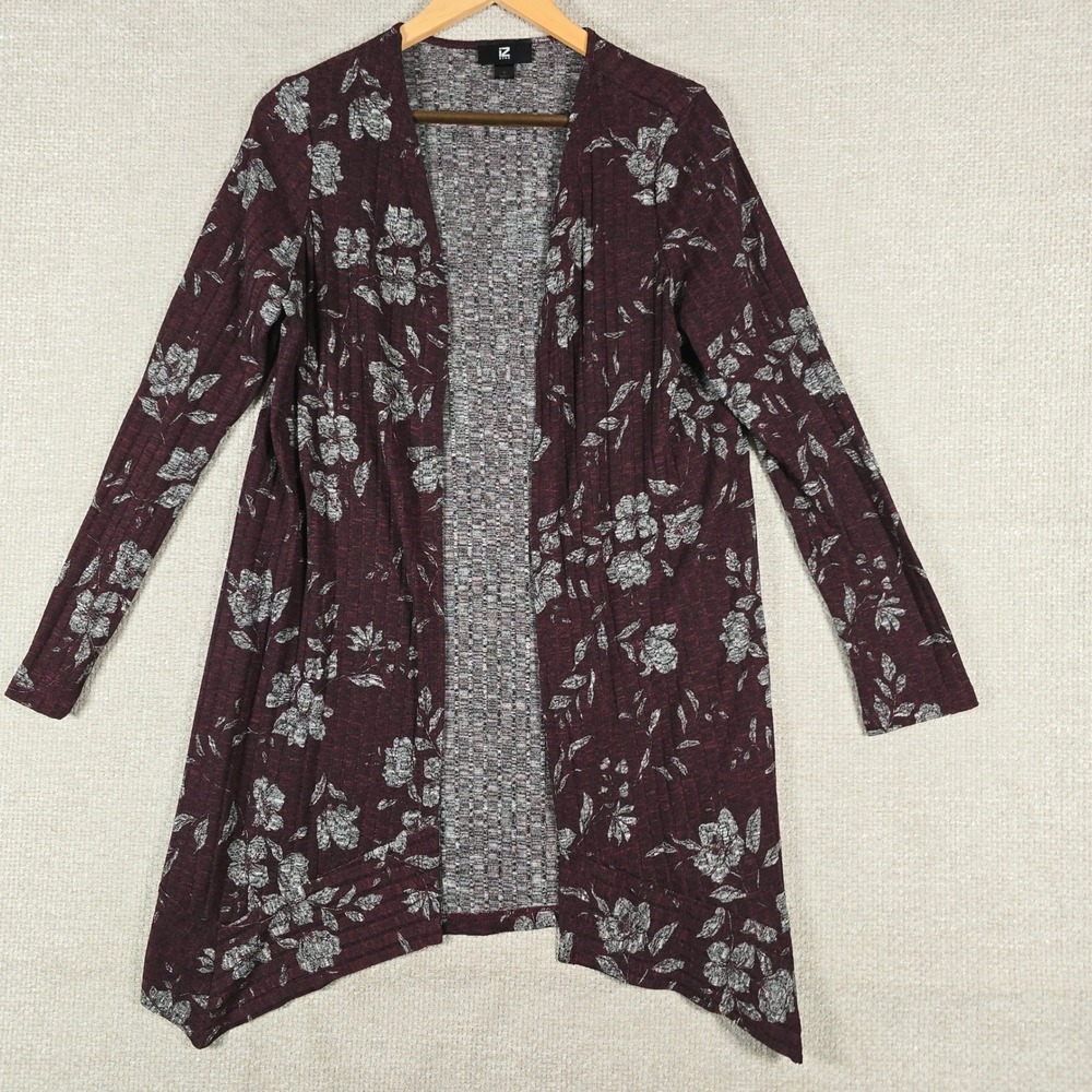 IZ Byer Womens Burgundy Black Floral Ribbed Open Front Cardigan Sharkbite Hem M